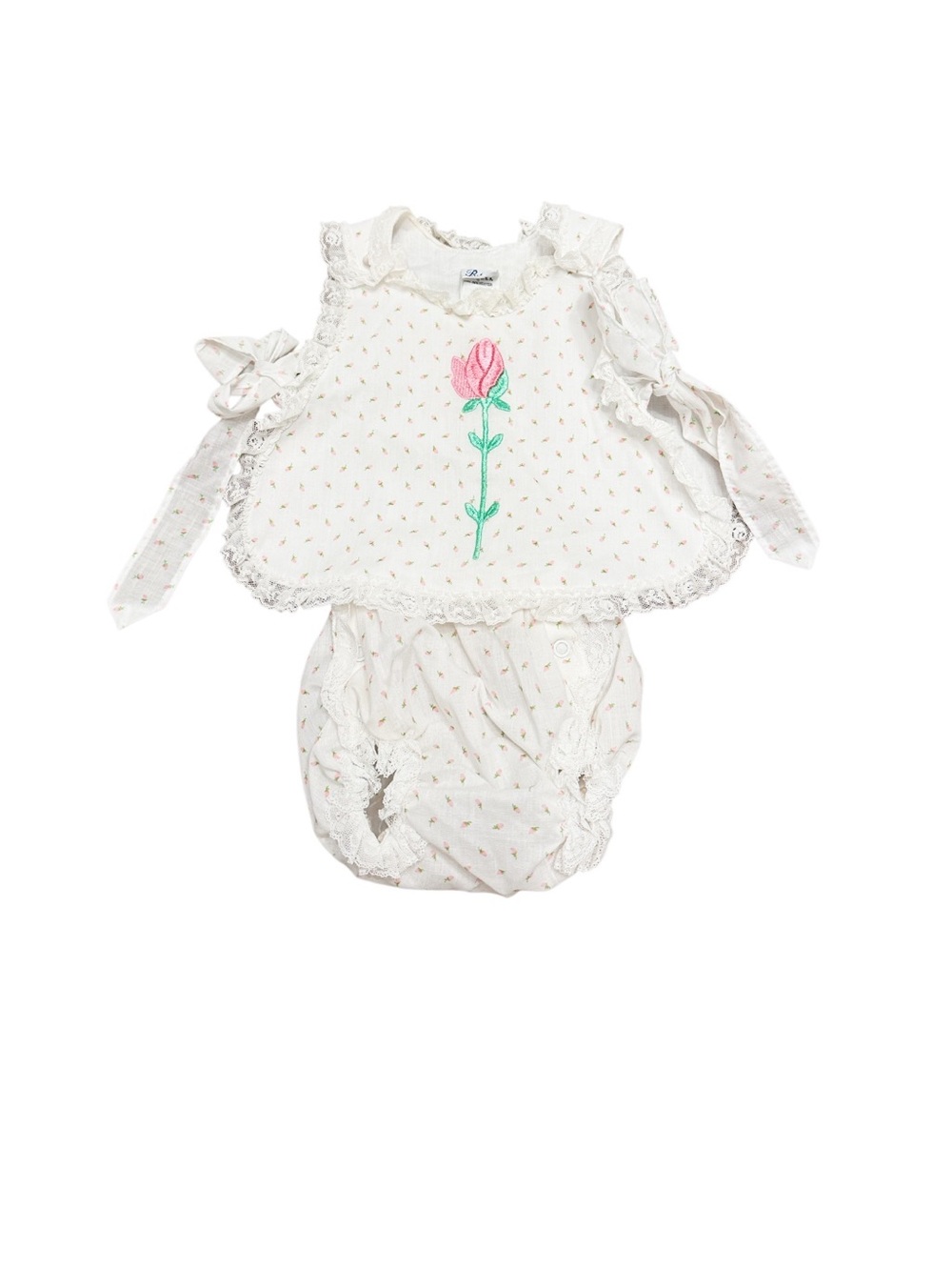 VINTAGE Baby 2 Piece Floral Set, Embroidered, Lace Trim By Bryan Size 0-3 months
